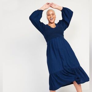 Old Navy Navy Smocked Midi Dress with Puff Sleeves